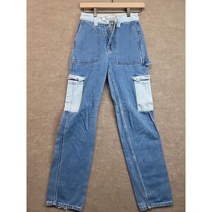 Pacsun Cargo Jeans Women Size 23 Blue Colorblock High Rise 90s BF Carpenter Pant